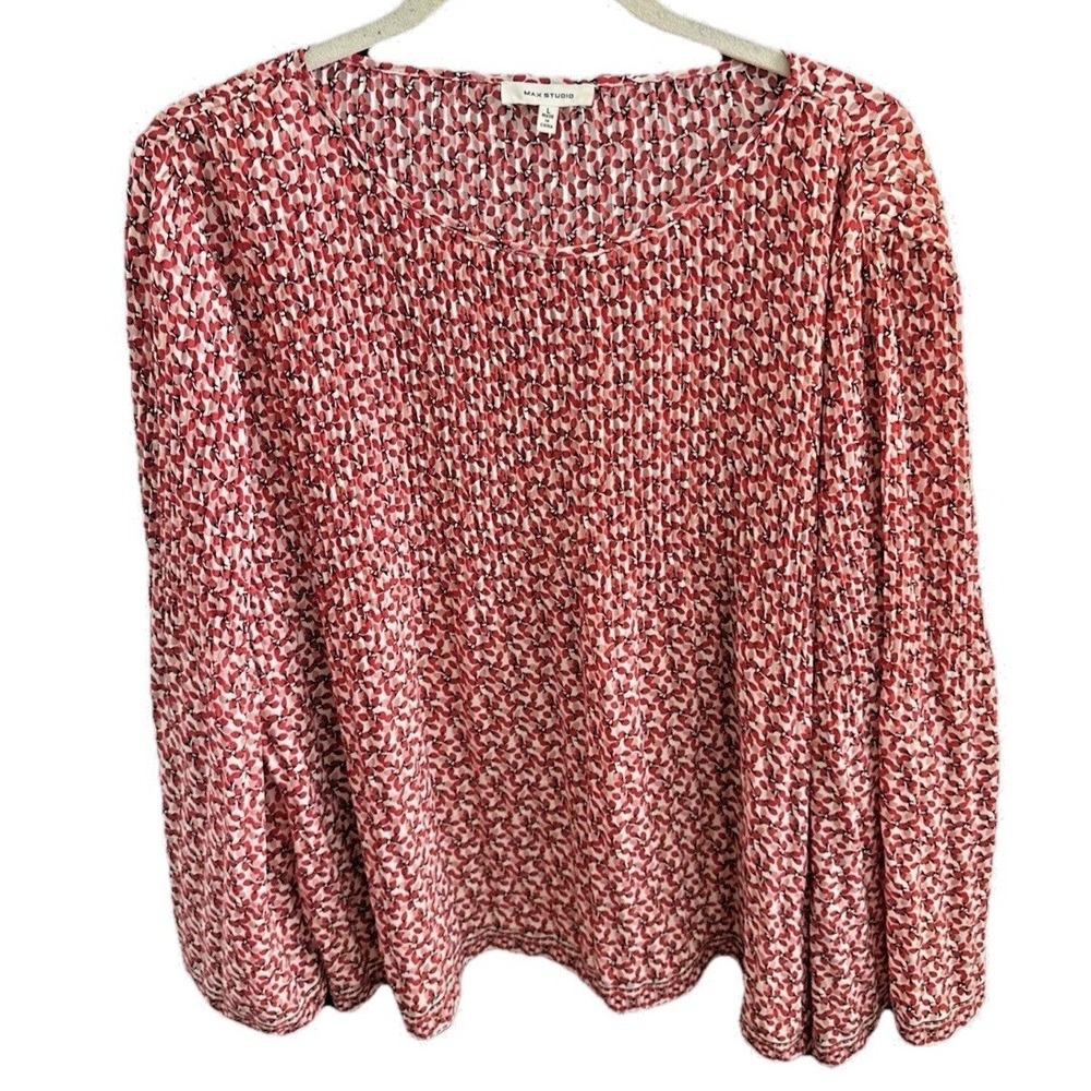 MAX STUDIO Women's Blouse Top Red Pink Floral Scoop Neck Long Flared Sleeve L